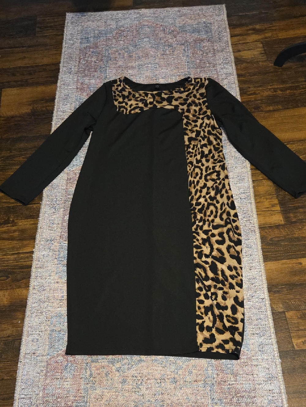 Black Long-Sleeve Shift Dress with Leopard Accent